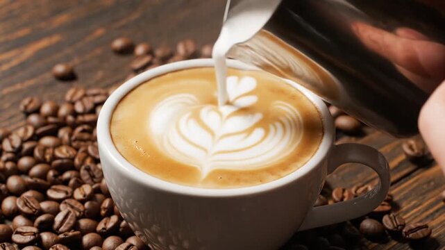 Barista Pouring Steamed Milk Into A White Cup Latte Art Over Roasted Coffee Beans On A Wooden Table