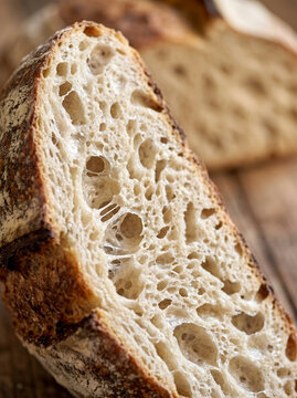 Close-up shot of a slice of fresh artisan bread, showcasing the bread's texture