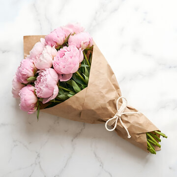 A beautiful bouquet of pink peonies wrapped in brown paper tied with string on the marble. The flowers represent beauty, and elegance