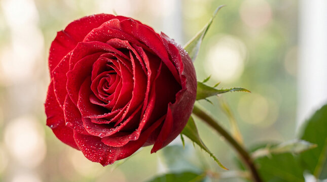 A vibrant red rose in full bloom, showcasing its intricate petals and captivating beauty