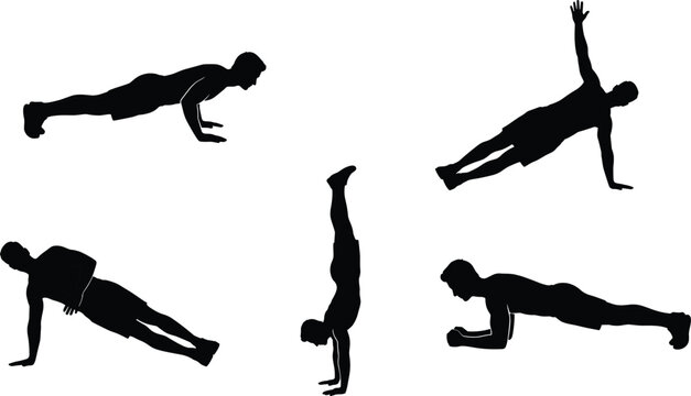 Black Silhouette Set of Male Athletes Performing Fitness Exercises Including Pushups Planks Side Planks and Handstands for Training