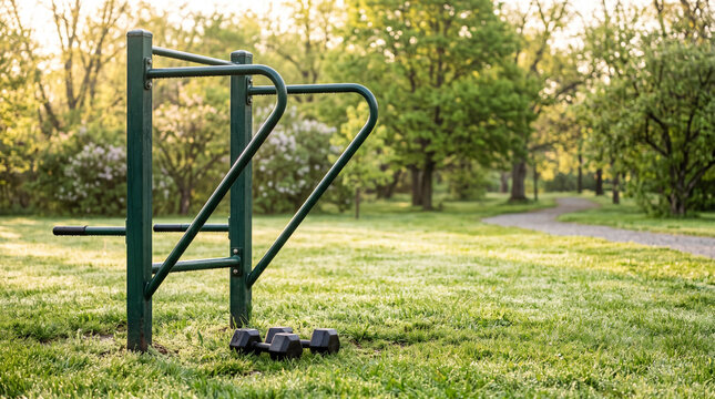 Outdoor Fitness Equipment in a Lush Green Park, perfect for a Workout