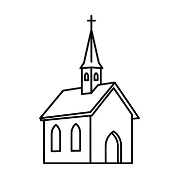 Simple black and white line art icon of a country chapel with a tall steeple and cross for print