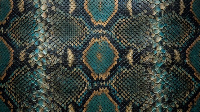 Vibrant Exotic Python Snake Skin Texture with Iridescent Teal, Gold, and Black Diamond Scale Pattern on Glossy Reptile Leather