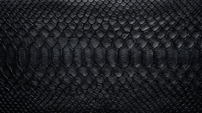 Luxurious Black Python Snake Skin Texture with Glossy Overlapping Scales and Detailed Embossed Reptile Leather Pattern