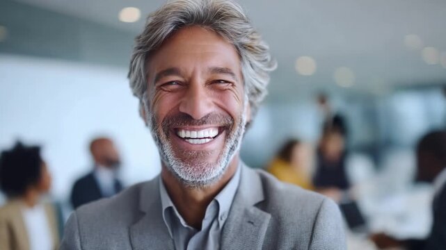Confident Professional Smile: A distinguished middle-aged businessman with a beaming smile and distinguished grey hair, dressed in a suit.