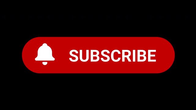 Red subscribe button with bell icon clicking by hand cursor. Notification bell ringing animation on black background, motion graphics
