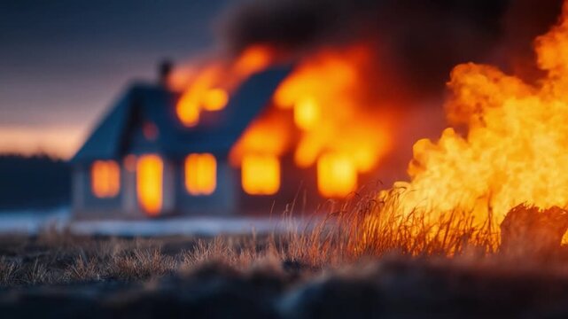 House Ablaze: A dwelling engulfed in flames during dusk, with smoke billowing into the twilight sky, creating a dramatic scene of destruction.