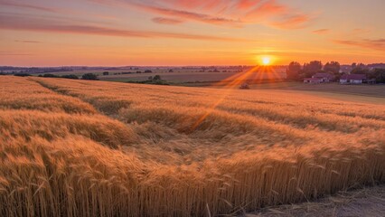 Fototapeta premium Golden Wheat Field at Sunset with Horizon and Rural Landscape