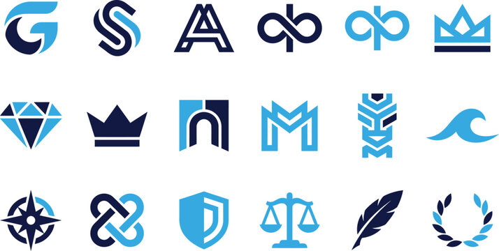 Collection of blue and dark blue abstract letter and crown logos and symbols for branding and identity design.