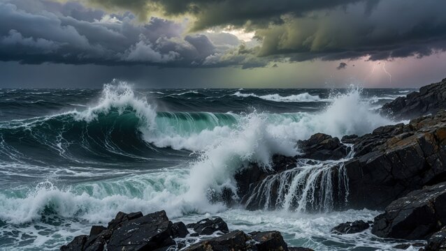 Dramatic Ocean Waves crashing against rocky shoreline under stormy sky