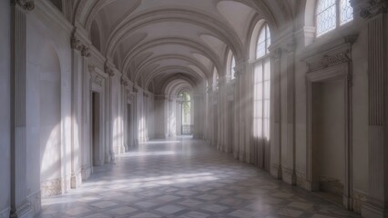 Fototapeta premium Elegant classical hall with high arched ceilings and large windows illuminated by sunlight