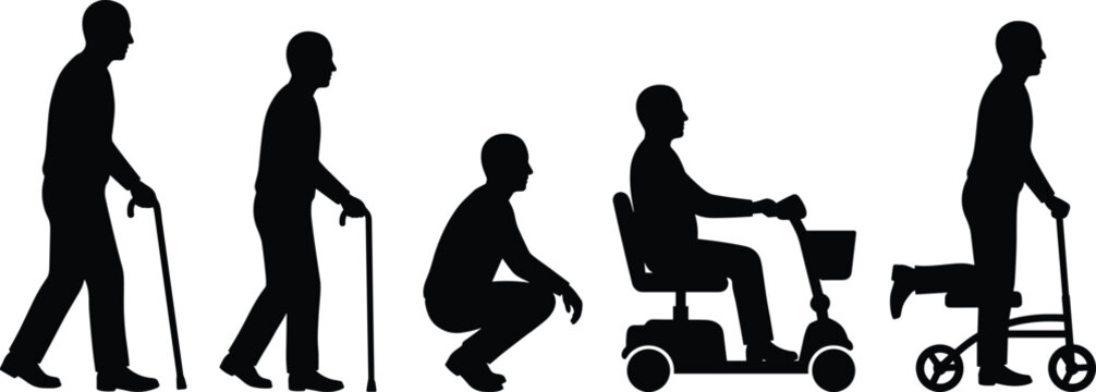 Black silhouettes of elderly men using walking canes mobility scooter and knee walker isolated on white background for healthcare concepts