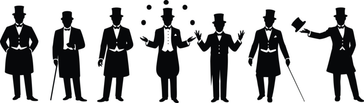 Black silhouette set of seven magicians and gentlemen in tailcoats and hats, including a juggler, men with walking canes, and a performer tipping his hat, isolated on a white background