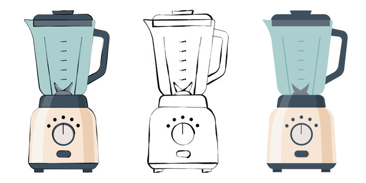 Vector illustration of a kitchen blender in three variations: colored with outline, pure line art, and flat style. Perfect for healthy lifestyle blogs, vegan recipes, smoothie menus, and kitchen inter
