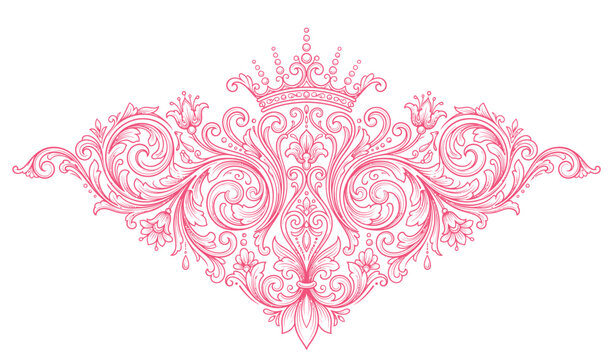 Intricate symmetrical pink ornamental design with floral and architectural elements
