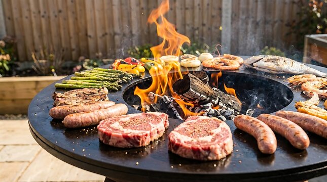 Outdoor fire pit grill with various meats, seafood, and vegetables cooking over an open wood fire in a garden setting