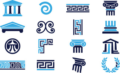 Set of Greek architecture and decorative patterns in blue and navy on white. © RaziaAkter