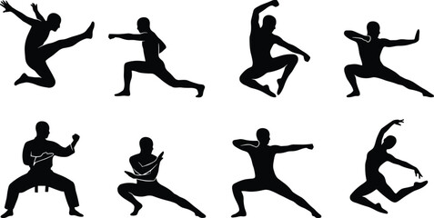 Obraz premium Black silhouettes of martial artists performing dynamic kicks punches and traditional stances isolated on white background for sports design