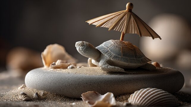 Miniature Turtle Balancing Under Umbrella on Beach Rock with Shells
