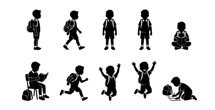 School Boy Silhouette Vector Set Student Poses Education Illustration Collection