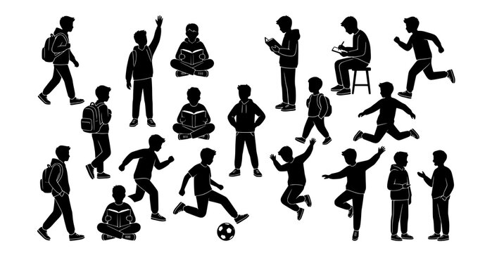 School Student Silhouette Collection Boy Poses Education Vector Illustration Set