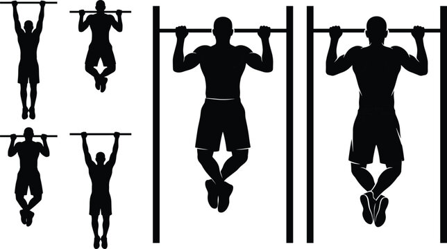 Black silhouettes of muscular man performing pull up and chin up exercises on bar isolated on white background.