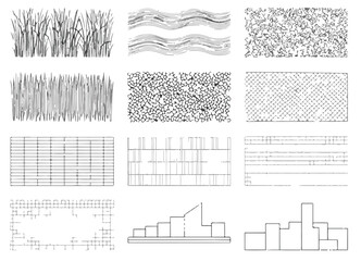 Hand drawn architectural landscape symbols and texture set, sketch grass, pebbles, brick wall and site plan elements vector illustration © Shahnaz