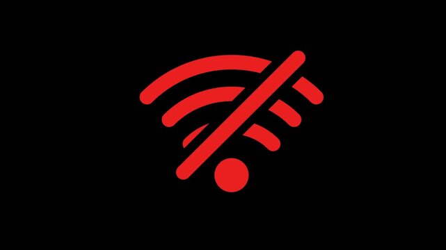 Animated 2D red no wifi icon on black background representing internet connection failure disconnected network signal and technology troubleshooting for digital user interfaces.

