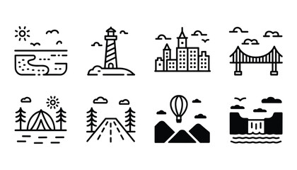Travel landmarks icon set diverse destinations in minimalist black and white © Universal Icons Lab