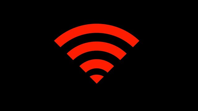 Animated 2D red wifi icon pulsing on black background representing poor wireless connection internet network signal strength or technology connectivity problems in digital media.
