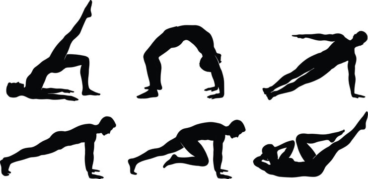 Set of Black Silhouettes Featuring Men Performing Various Fitness Exercises Yoga Poses and Core Strengthening Workouts Isolated