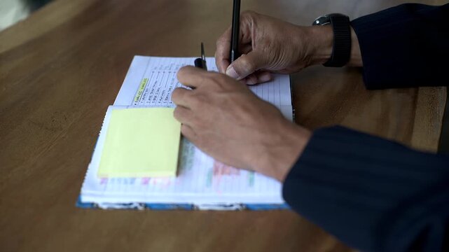 Asian male hand writingAsian male hand writing close up shot on book with yellow sticky note
