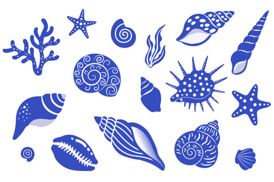 Blue marine set with shells coral and sea elements