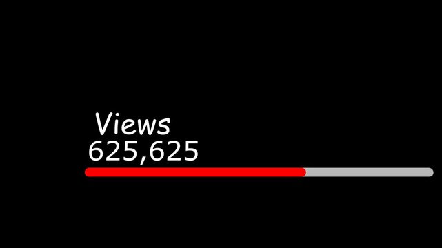 2D animated social media view counter hitting six hundred twenty five thousand milestone with red progress bar on black background for digital analytics.
