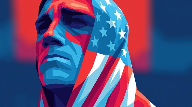 American football fan wrapped in US flag showing calm confidence