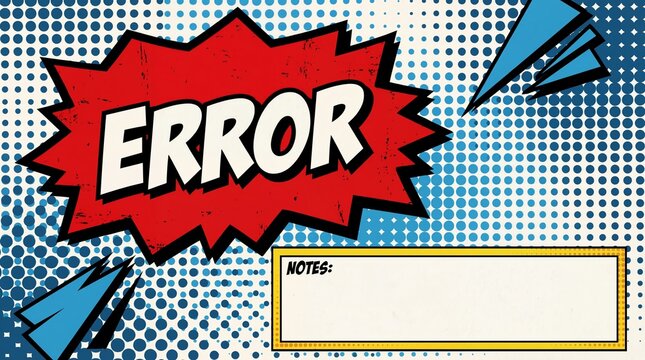 retro comic pop art background with red explosion bubble and word error. blue halftone dotted pattern. yellow notes box for text. system alert, mistake concept. banner, website header, copyspace.
