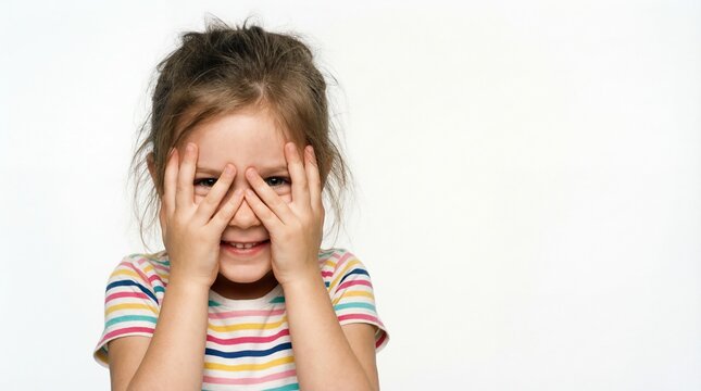 cute caucasian little girl covering face with hands and peeking through fingers. smiling child playing hide and seek. childhood joy, shyness, peekaboo concept. website header, banner with copyspace.