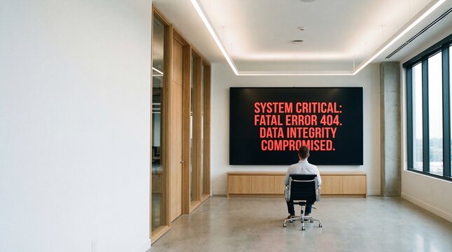 it worker sitting in modern office facing large screen with fatal error message. system critical failure, data compromise, cyber security breach. copyspace, banner, website header.