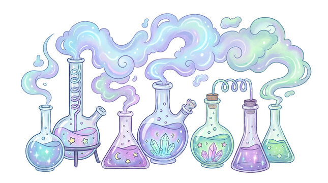 An array of whimsical science beakers filled with pastel potions and ethereal smoke, isolated on a clean canvas, creating a magical laboratory aesthetic for creative design projects and banners.