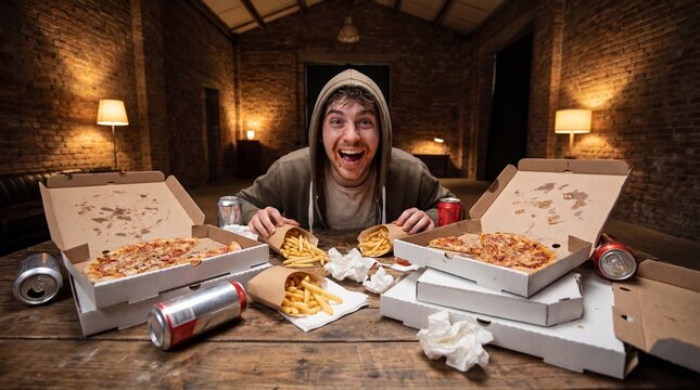 excited caucasian man in hoodie at messy table with pizza boxes, french fries and soda cans in dimly lit brick room. unhealthy fast food binge eating lifestyle concept. banner, website header.
