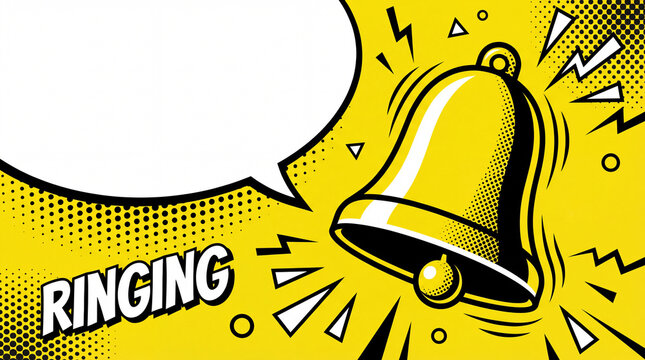 pop art comic style ringing yellow bell with blank white speech bubble on halftone background. notification, alert, reminder concept. banner, website header with copyspace.