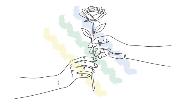Minimalist continuous line art of two hands holding rose flower together with pastel abstract shapes background for unity and gratitude.