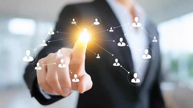 Network Connection: A business professional's hand touches a glowing point on a digital network interface, visualizing connections between abstract user icons.