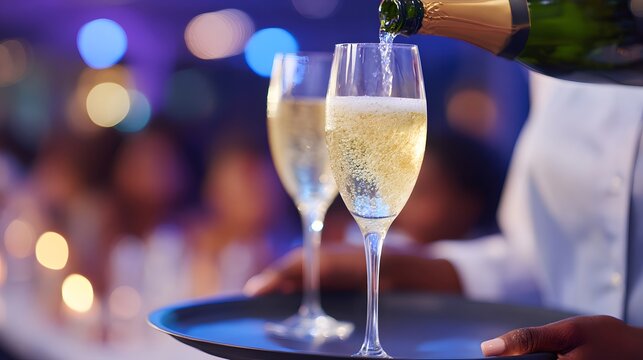A server is pouring sparkling wine into glasses at a catered event