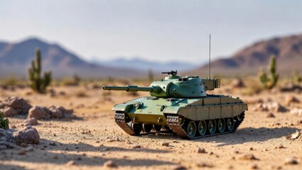 Fototapeta premium Small armored model tank advancing over sandy desert terrain