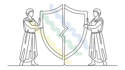 Obraz premium Two ancient figures holding large broken shield together representing strength, unity, and defense.
