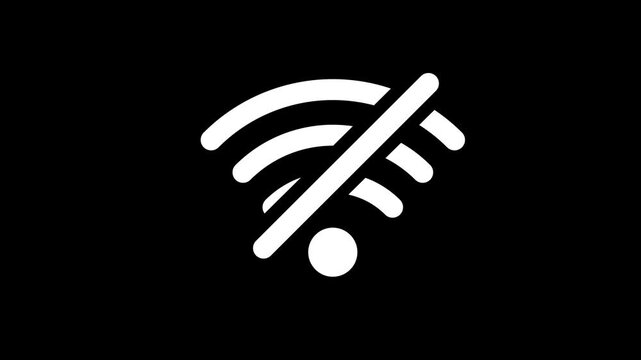 Animated 2D white no wifi icon on black background representing internet connection failure disconnected network signal and technology troubleshooting for digital user interfaces.
