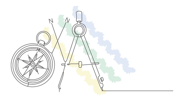 Compass and drawing compass on white background with abstract wavy lines representing navigation and exploration.