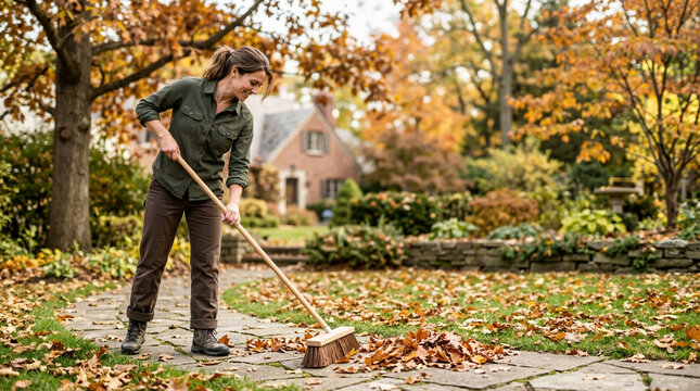 Smiling woman sweeping autumn leaves on a stone patio in a backyard. Female homeowner using a push broom to clean up the garden. Fall season yard maintenance and chores